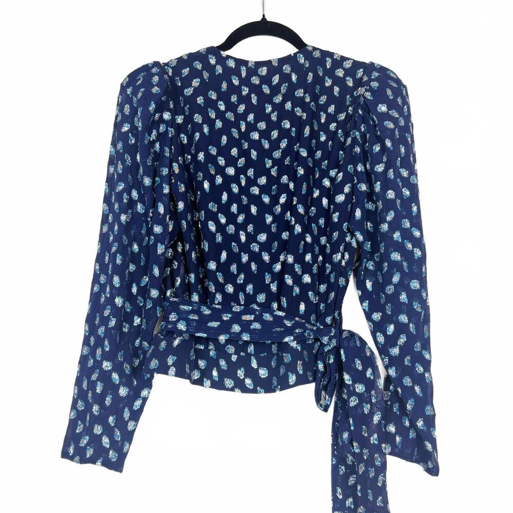 Tanya Taylor Erica Navy Metallic Silk Wrap Blouse Top Long Sleeve Size 0 - Picture 3 of 7